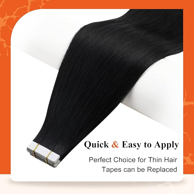 Full Shine Real Human Hair Tape in Extensions Color 1 Jet Black Remy Tape in Real Remy Skin Weft 24Inch Double Sided Invisible Seamless Hair Extension Silky Straight 20Pcs 50G for Wedding