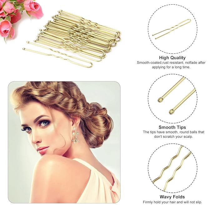 U Shaped Hair Pins, 200 Count for Women Lady Girls Bobby Pins French Historical Hair Pin Hair Styling Pins Hair Accessories, Blonde, 2.4 Inch