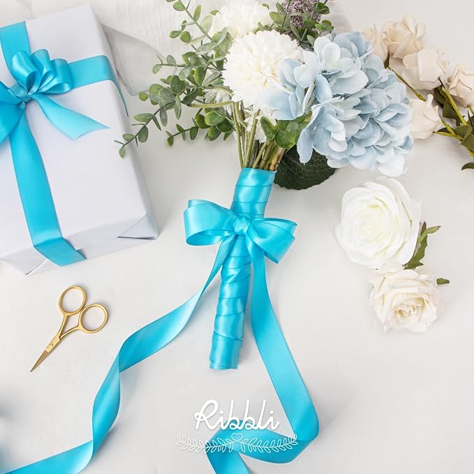 Ribbli Turquoise Blue Double Faced Satin Ribbon, 1” x Continuous 25 Yards - Image 3