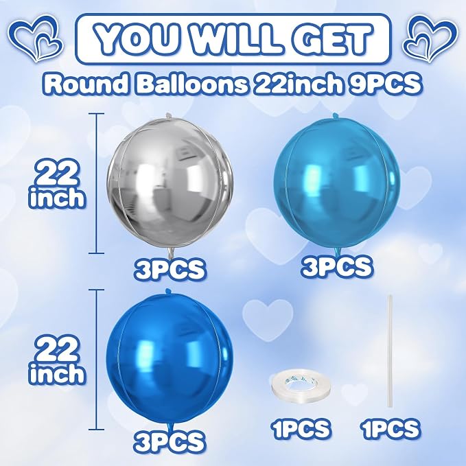 Blue Silver Round Foil Balloons 9 pcs, Metallic Giant 4D Round Balloons 22 Inch - Image 2