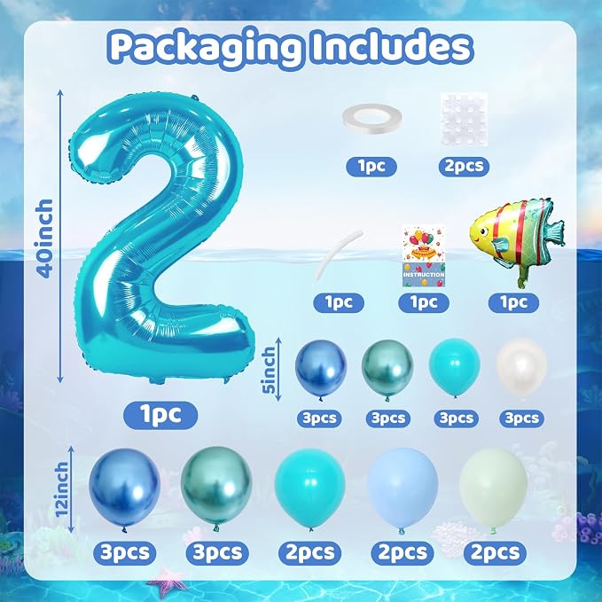 Blue Number 2 Balloon 40 Inch Ocean Under the Sea Number Two Foil Balloons Tower - Image 2