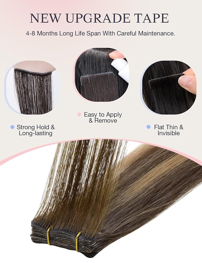 DOORES Invisi Edge Tape in Hair Extensions, Chocolate Brown to Caramel Blonde 10 Injection Tape-ins with 10 Injection Tape-ins 50g 22 Inch, Injected Tape in Extensions