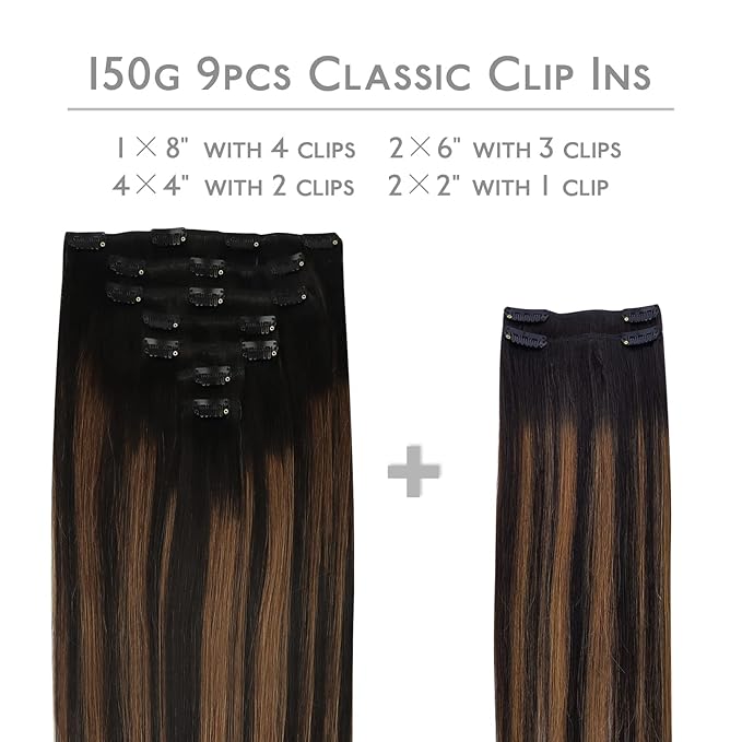 WENNALIFE Clip in Hair Extensions, 150g 22 Inch 9pcs Balayage Natural Black to Chestnut Brown Human Hair Extensions Thicker Real Human Hair Clip Set Double Weft