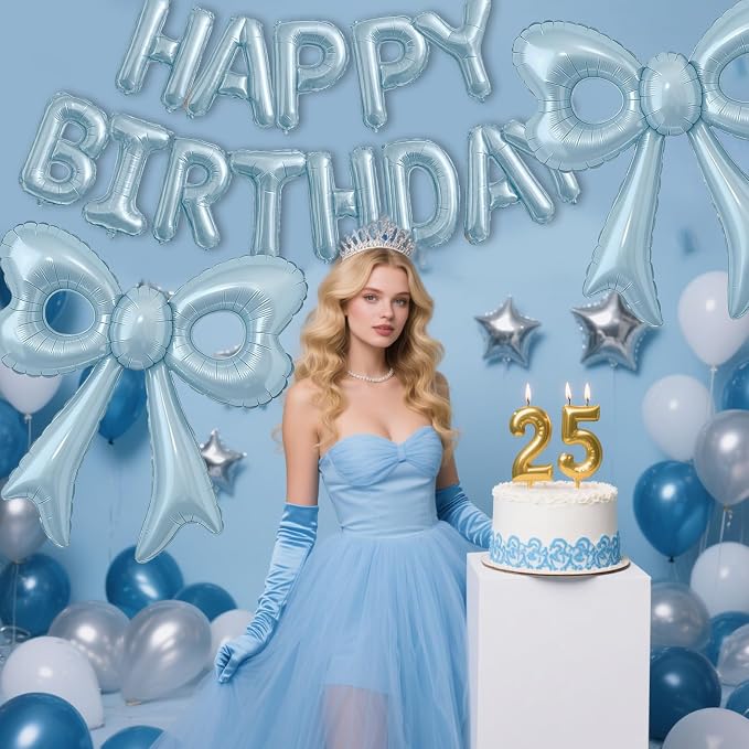 Blue Happy Birthday Balloons, 31”Huge Light Blue Bow Aluminum Foil Balloons - Image 2