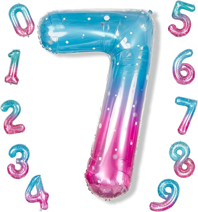40 Inch Balloon Number 7 Mermaid, Large Mylar Foil Blue Pink Starry Number by Isndare