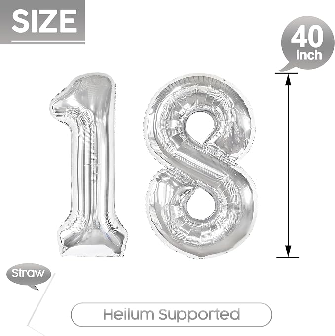 18 Balloon - Silver Birthday Number Balloons, 40 Inch Decorations Men Women | - Image 5