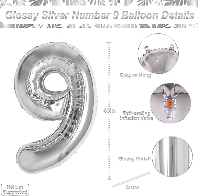 Silver Number 9 Balloon 40Inch, Sleek Metallic Foil - Image 4