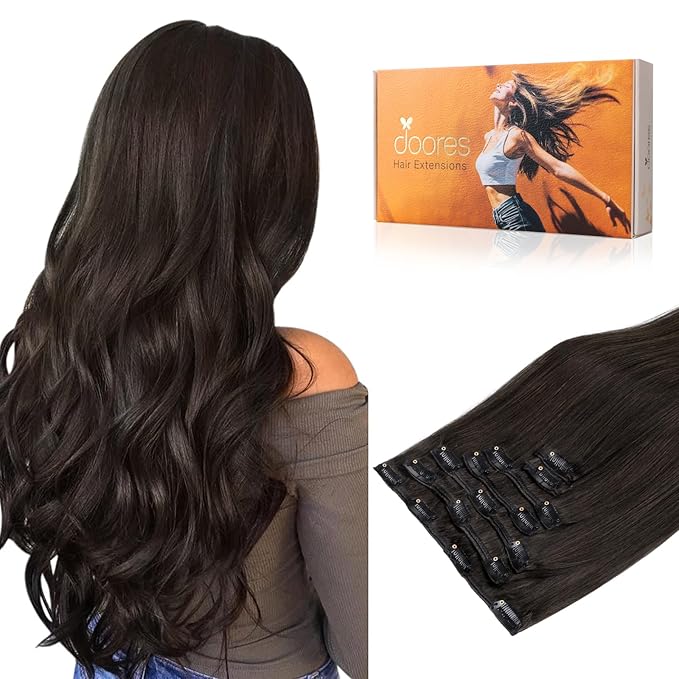 DOORES Human Hair Extensions Clip in Dark Brown 24 Inch 120g 7pcs Straight Clip in Remy Hair Extensions Natural Hair Extensions