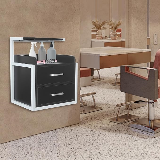 Suspended Salon Station for Hair Stylist, Wall Mounted Styling Salon Station Storage Cabinet w/2*Drawers &Hair Dryer Stand,Floating Nightstand Stylist Storage Cabinet for Home (Black+ Silver)
