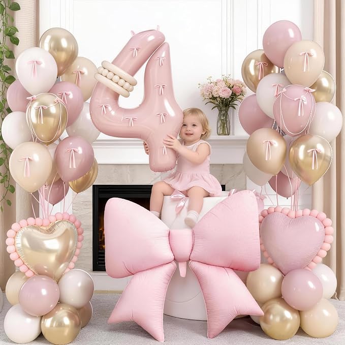 Pink 4 Balloon Number 40 Inch, Dusty Blush Pink Gold Sand White Latex Balloons - Image 2