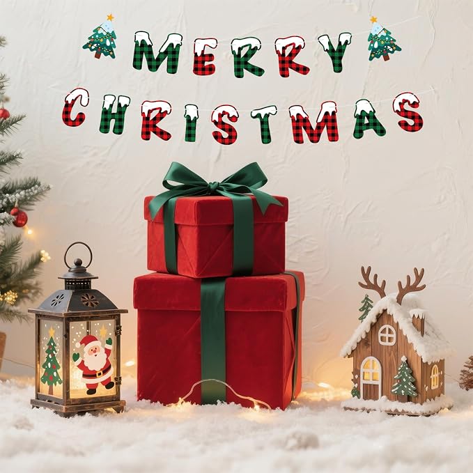 Merry Christmas Banner Indoor, Pre-Strung Mantle Christmas Decor, Buffalo Plaid - Image 4