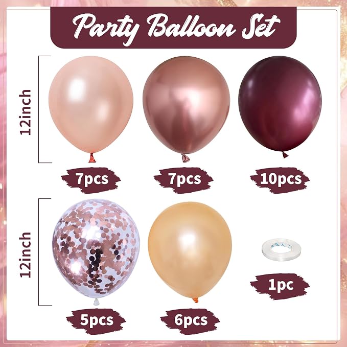 Burgundy Balloons, 12 Inches Maroon Rose Gold Balloons Wine Red and Champagne - Image 2