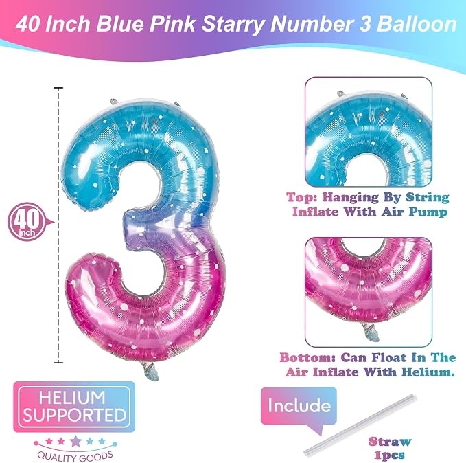 Large Blue Pink Starry 3 Balloons, 40 Inch Giant Mermaid Helium Mylar Foil - Image 2