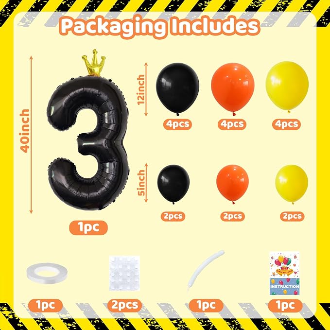 Black Number 3 Balloon 40 Inch Construction Number Three Foil Balloons Tower - Image 2