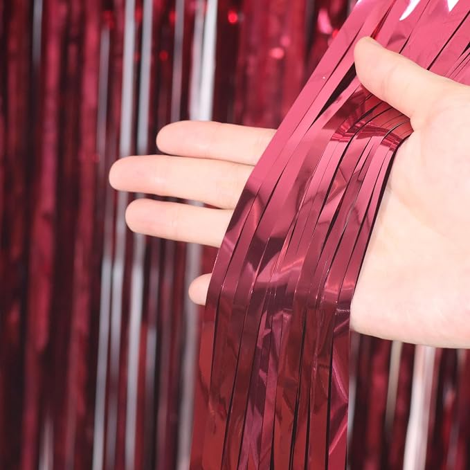 Voircoloria Burgundy Foil Fringe Backdrop Curtains, Birthday Party Decorations - Image 2