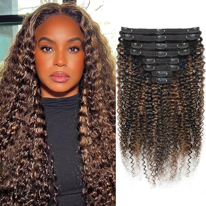 FB30 Highlight Ombre Curly Clip In Extension Human Hair 3C 4A Kinky Curly Clip Ins Full Head for Black Women Brazilian Remy Human Hair Balayage Brown 8Pcs with18clips 120g/Set (14 inch)