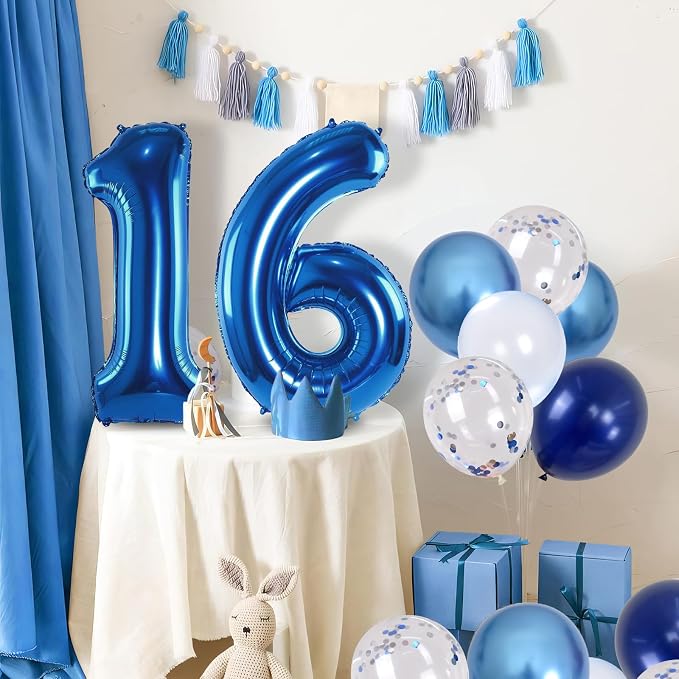 16 Balloon Number Blue, Big Number 16 Balloon Pastel Navy Dark Blue - Image 6