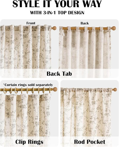 Grey Vintage Floral Linen Curtains Farmhouse 38W X 63L 2 Panels | Elisa Series - Image 4