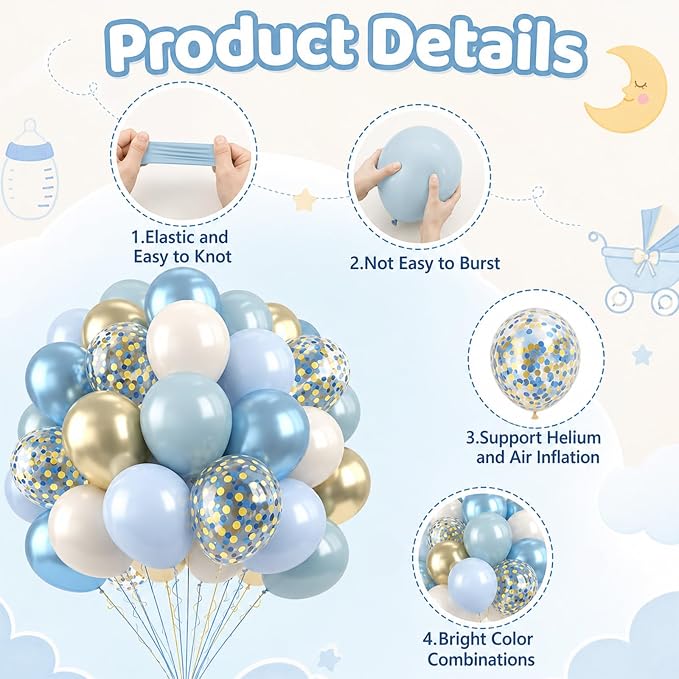 Paready Blue Balloons Set, 12 Inch Confetti Baby Blue Gold Metallic Balloon - Image 6