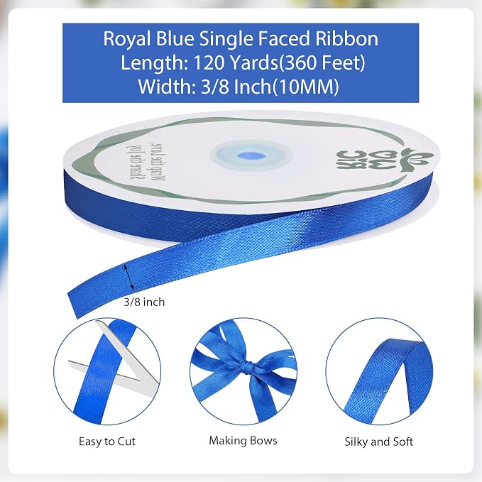 woric 120 Yards Royal Blue Ribbon 3/8 Inch Thin Satin Ribbons | Gift Wrapping - Image 2