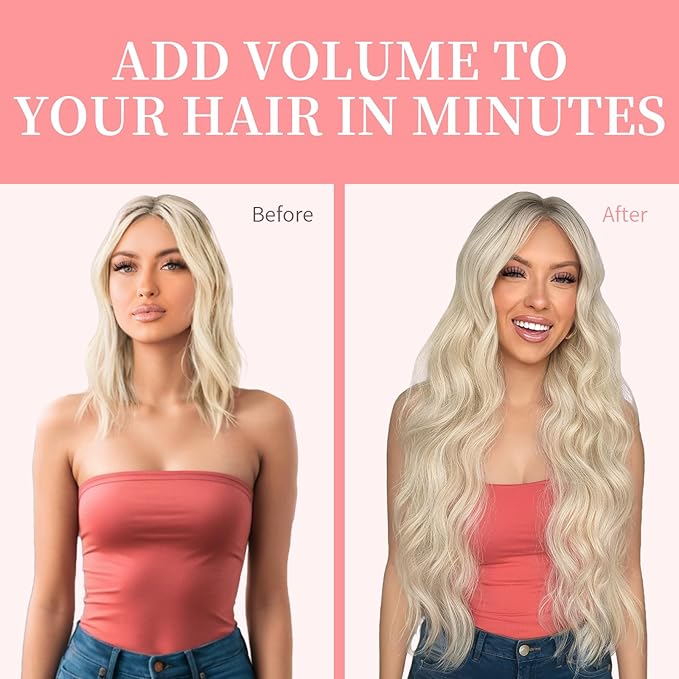 KooKaStyle Clip in Synthetic Hair Extensions Long Wavy 4PCS Thick Hairpieces Platinum Blonde Fiber Double Weft Natural Hair Extensions 20 Inch for Women