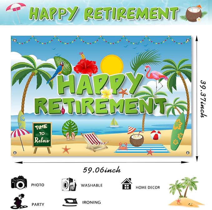 Hawaiian Retirement Party Decorations, Happy Retirement Banner Backdrop | Large - Image 3