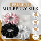 100% Pure 22 Momme Mulberry Silk Scrunchies (Set of 3) | Highest grade (6A) Luxury Hair Ties| (Black,White,Pink) | (Pink, Standard/Small/Skinny)