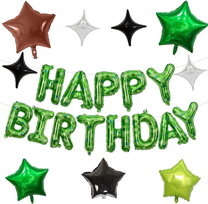 Pixel Happy Birthday Balloon Banner, 16 Inch Pixel Green Foil Letter Balloons by Togvu