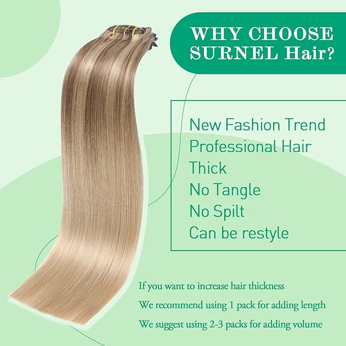 SURNEL Golden Brown to Caramel Blonde Clip in Hair Extensions Real Human Hair 7pcs 16 Inch 140g Clip in Hair Extensions for Women(7C#10/27/27-16")