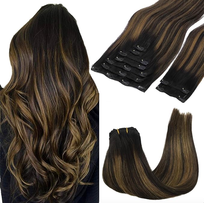 GOO GOO Clip in Hair Extensions Real Human Hair, Remy Human Hair Extensions Clip ins for Women, Natural Human Hair, 24inch 150g 9Pcs, #1B/6/1B Balayage Natural Black to Chestnut Brown
