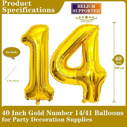 Gold 14 Number Balloons, 40 Inch Giant Number 14 Balloons Foil Mylar Helium - Image 2