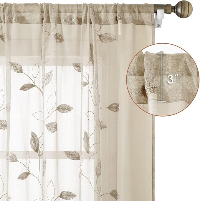 HOMEIDEAS Taupe Sheer Curtains 52 x 54 Inch Length 2 Panels Beige Embroidered - Image 3