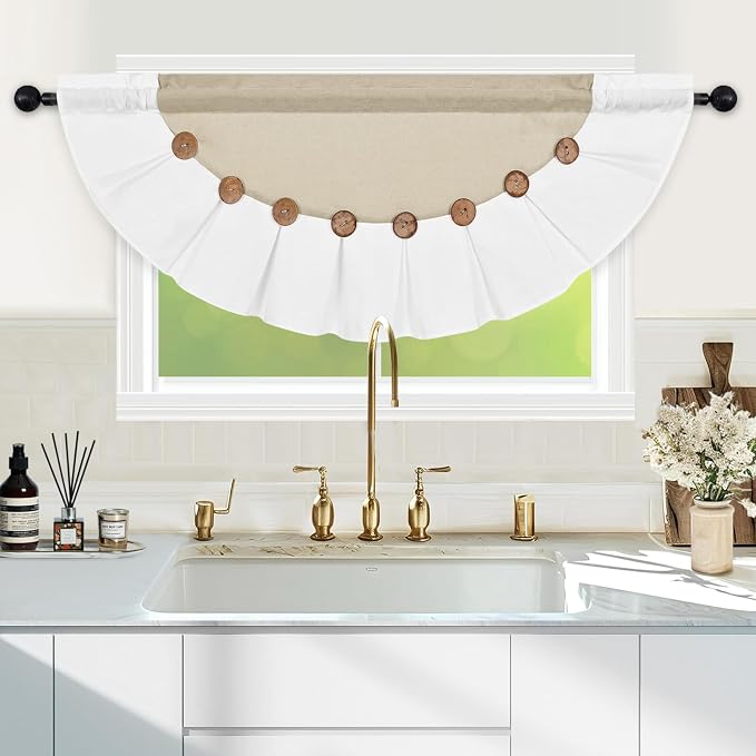 Farmhouse Valance Curtains, Boho Cotton Linen Kitchen Valance, Rustic Button - Image 2