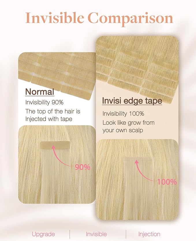 GOO GOO Invisi Edge Tape in Hair Extensions Human Hair, 18AT60A Pearl Ash Blonde Highlights 20pcs 24inch 50g, Virgin Remy Hair, Seamless Injected Tape, Natural Look