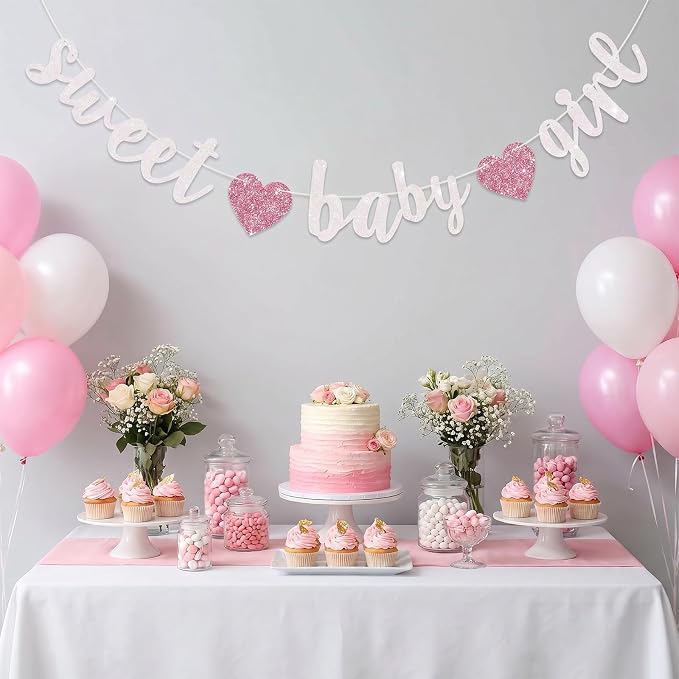 BEISHIDA Pre-Strung Glitter White Pink Girl Baby Banner Baby Shower Decor | NO - Image 6