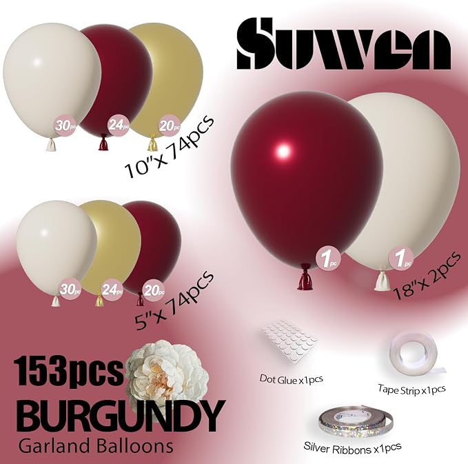 SUWEN 153Pcs Burgundy Balloon Garland Arch Kit Dark Maroon Sand White Gold | - Image 2