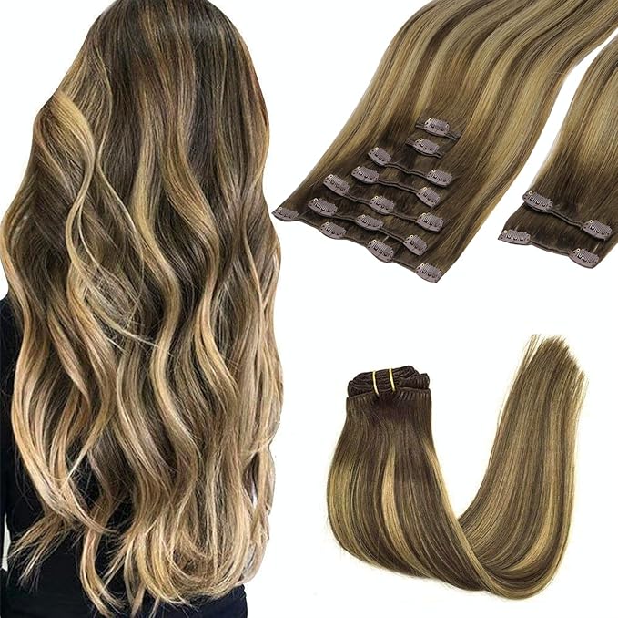 GOO GOO Clip in Hair Extensions Real Human Hair, Remy Human Hair Extensions Clip ins for Women, Natural Human Hair, 24inch 150g 9Pcs, #4/27/4 Balayage Chocolate Brown to Caramel Blonde