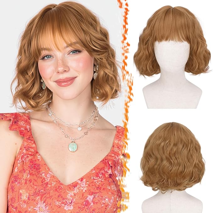 BARSDAR Natural Red Short Wavy Wig with Bangs - Short Wavy Ginger Auburn Wig for Women - Curly Wavy Textured French Bob Wigs with Bangs Soft Synthetic Natural Looking Face-Framing Daily
