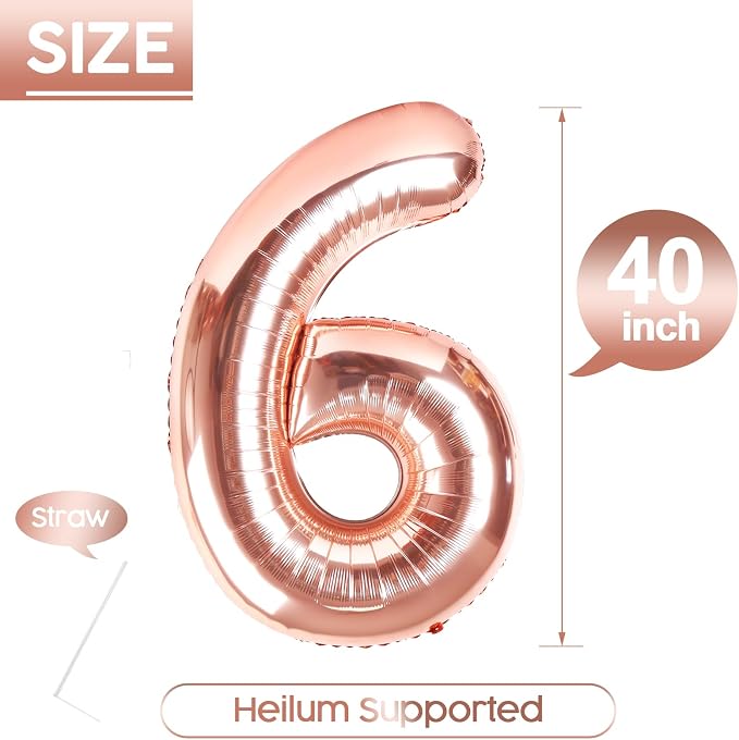 6 Balloon - Rose Gold Birthday Number Balloons, 40 Inch Party Decorations | - Image 5
