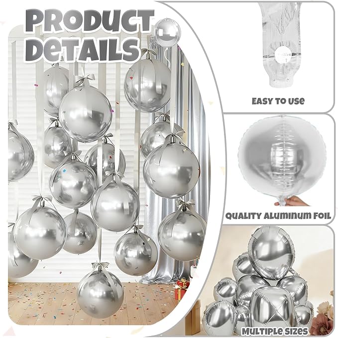 12 Pcs Silver Foil Balloons, Different Size Metallic Silver Balloons - Image 3