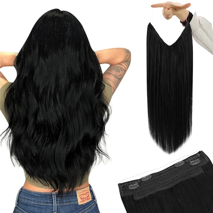 YoungSee 135G Wire Hair Extensions Jet Black Hair Wire Long Black Fish Line Hair Extensions Human Hair Easy to Wear 24inch