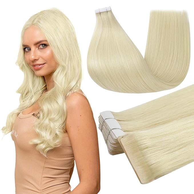 Full Shine Injected Tape in Human Hair Extensions Color 60 Blonde Injection Remy Hair Tape in Extensions Skin Weft 24 Inch Seamless Double Sided for Wedding 50 Grams 20 Pcs Natural