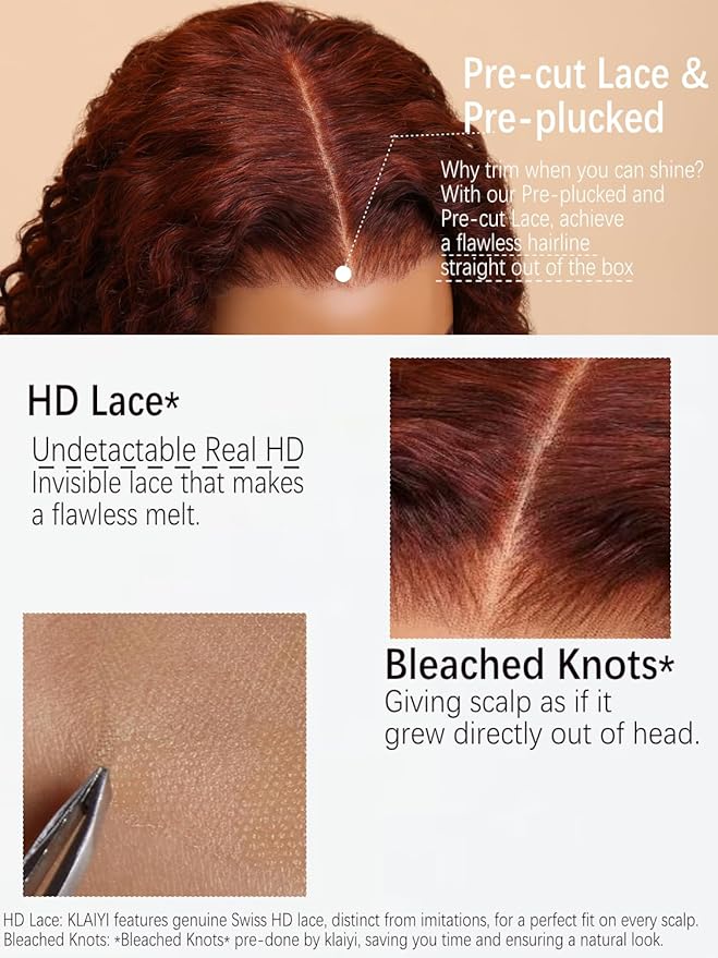 KLAIYI Bye Bye Knots Glueless Wig Reddish Brown Body Wave 7x5 Pre Cut HD Lace Front Wigs Human Hair Put On And Go Wig Pre Bleached Pre Plucked with Baby Hair 30S Ready To Wear 150% Density Full 26Inch