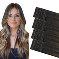 COOKAYU Invisi Edge Tape in Hair Extensions Real Human Hair Seamless Injected Tape Ins 16Inch 20pcs 35g Natural Black to Medium Brown and Caramel blonde Extensions