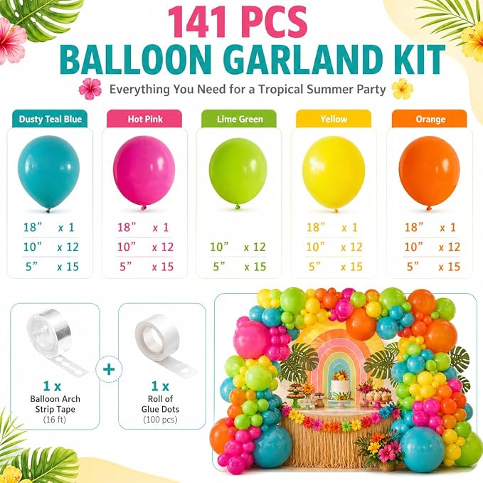 141 Pcs Rainbow Neon Balloon Arch Kit, Hot Pink Lime Green Orange Slate Blue - Image 2