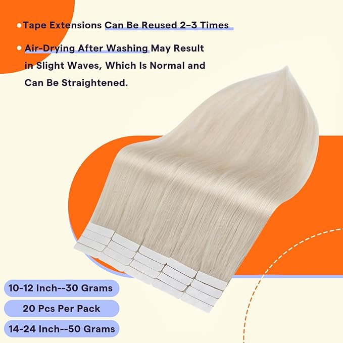 Full Shine Tape in Hair Extensions Color 1000A Blonde 22 Inch Invisible Seamless Remy Tape in Human Hair Extensions 50 Grams Natural Soft and Silky Extensions for Women Real Hair 20PCS for Wedding