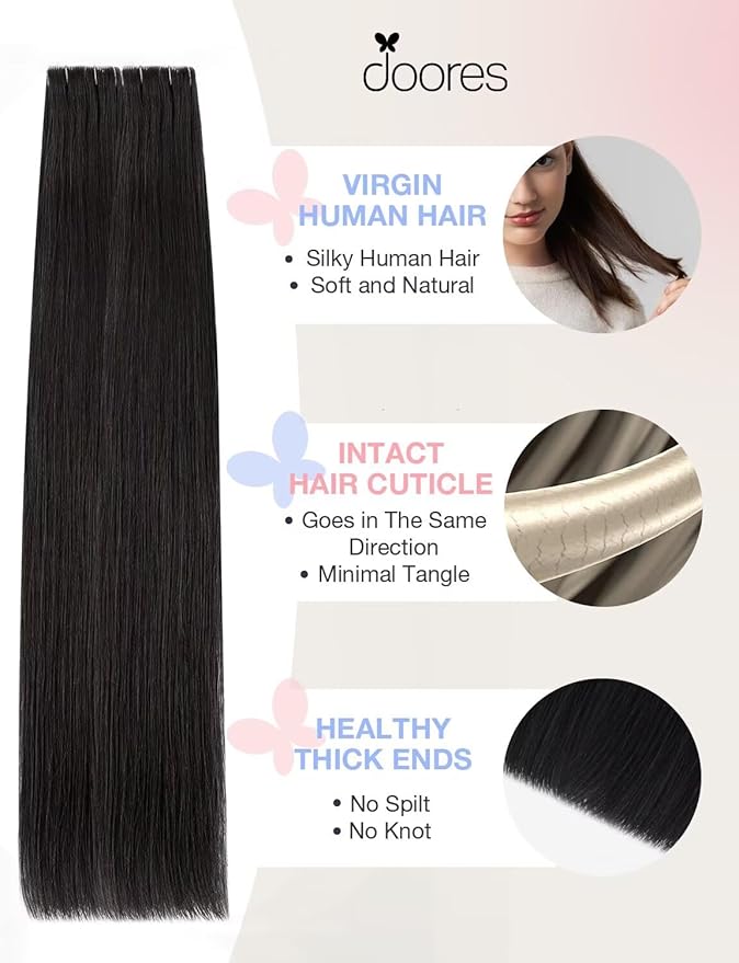 DOORES Seamless Hair Extensions Tape in Invisi Edge, Jet Black 20 Injection Tape-ins with 20 Classic Tape-ins 100g 20 Inch, Virgin Human Hair Injection Tape in Extensions Straight