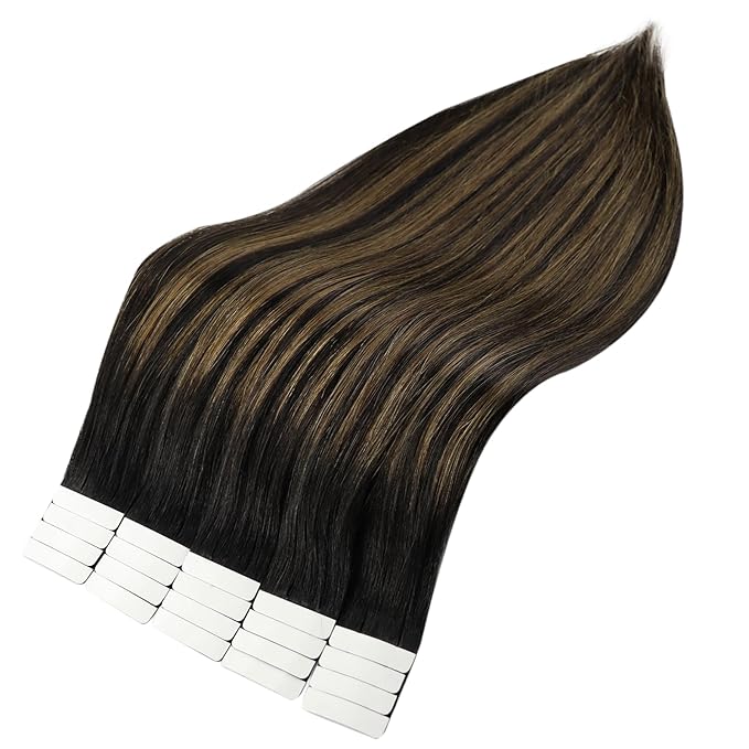 Full Shine Tape in Hair Extensions Human Hair Ombre Balayage 1B Black and 6 Chestnut 18 Inch Brown Tape in Extensions Natural Silky Human Hair Extensions Tape in Glue in 50G 20 Pcs