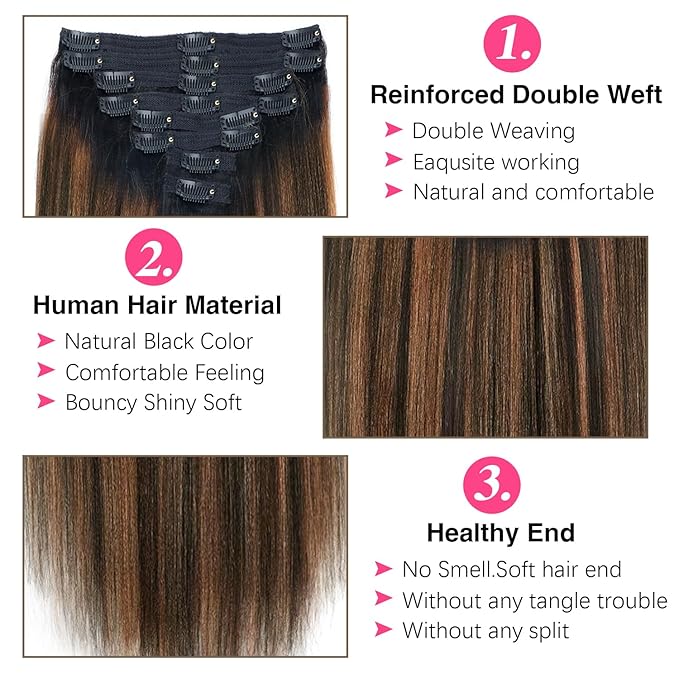Yaki Straight Clip ins Real Human Hair Extensions For Women Highlight Hair Extensions Yaki Straight Clip in Hair Extensions(12inch,T1BP1B/30)