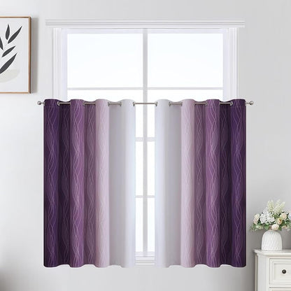 Purple and Greyish White Ombre Short Blackout Kitchen Curtains 36 Inch Long by ESTELARTEXTILER